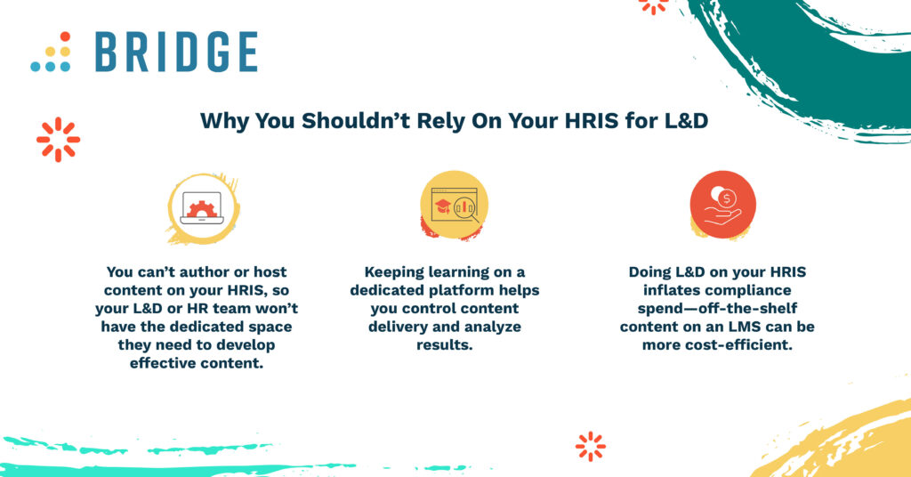 Why You Shouldn't Rely On Your HRIS for L&D You can't author or host content on your HRIS, so your L&D or HR team won’t have the dedicated space they need to develop effective content. Keeping learning on a dedicated platform helps you control content delivery and analyze results. Doing L&D on your HRIS inflates compliance spend—off-the-shelf content on an LMS can be more cost-efficient.