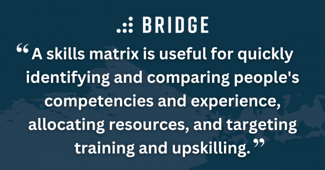 : A skills matrix is useful for quickly identifying and comparing people's competencies and experience, allocating resources, and targeting training and upskilling.