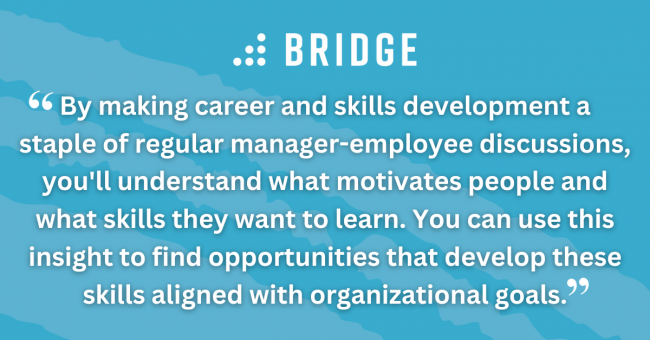 By making career and skills development a staple of regular manager-employee discussions, you'll understand what motivates people and what skills they want to learn. You can use this insight to find opportunities that develop these skills aligned with organizational goals.